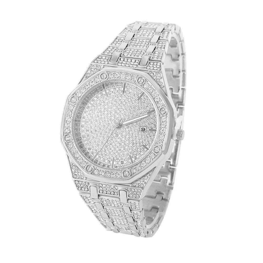 Reloj Masculino de Lujo – Estilo Hip Hop con Detalles Dorados y Cristales