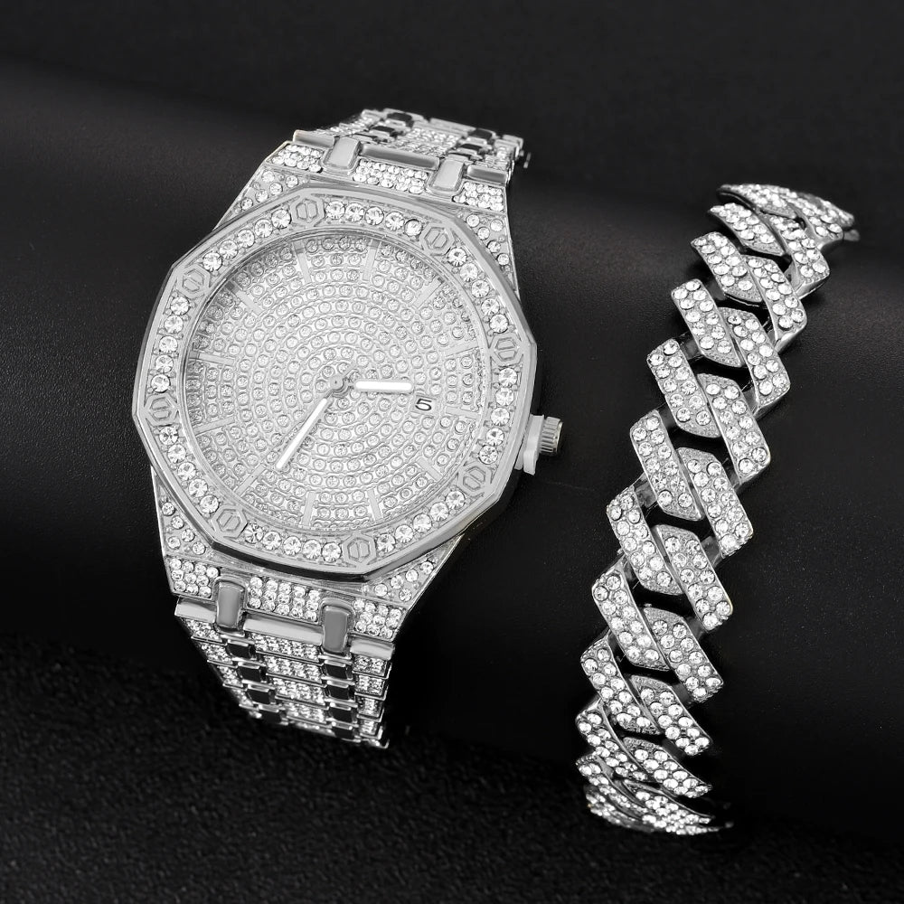 Reloj Masculino de Lujo – Estilo Hip Hop con Detalles Dorados y Cristales