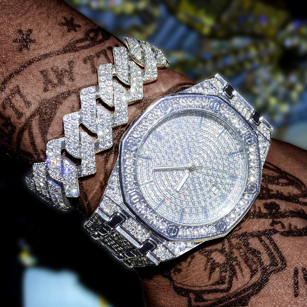 Reloj Masculino de Lujo – Estilo Hip Hop con Detalles Dorados y Cristales