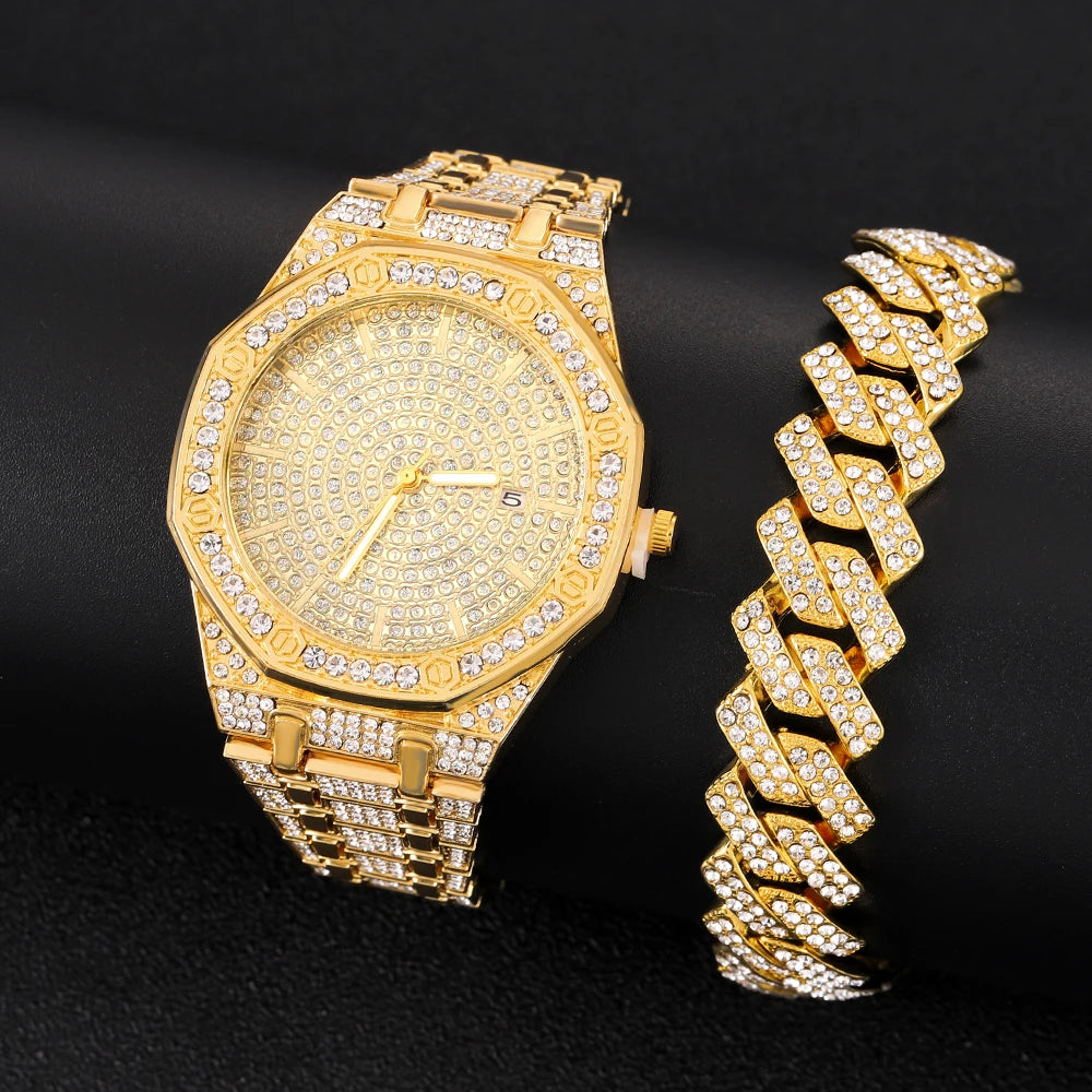 Reloj Masculino de Lujo – Estilo Hip Hop con Detalles Dorados y Cristales