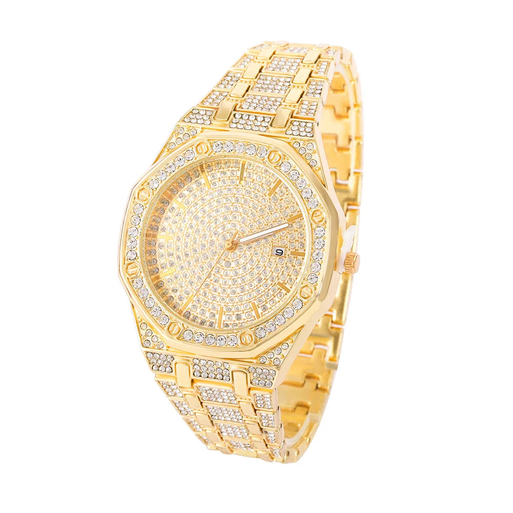 Reloj Masculino de Lujo – Estilo Hip Hop con Detalles Dorados y Cristales